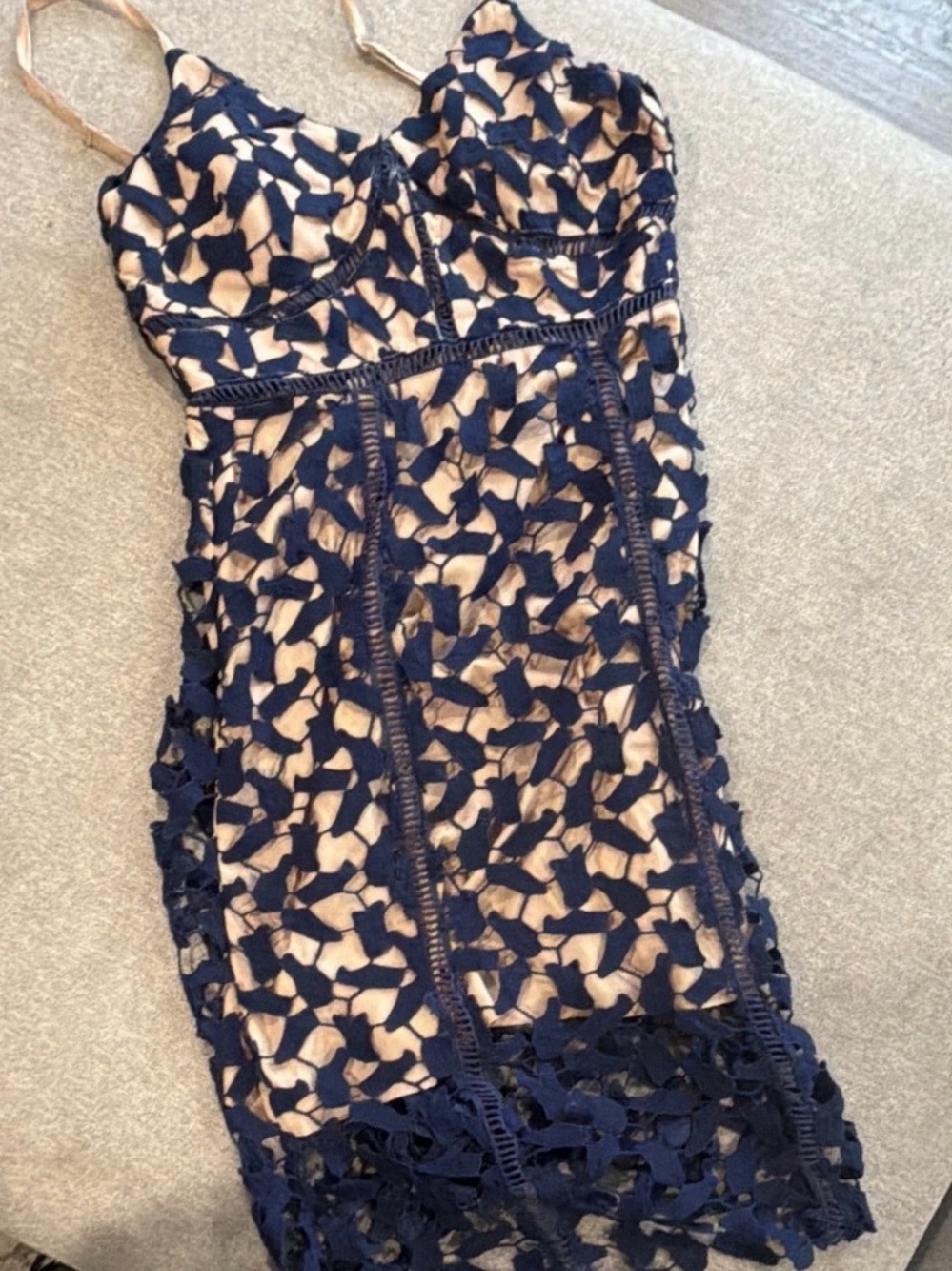 Minuet Petite Navy Lace-Overlay Mini Dress with Nude Lining